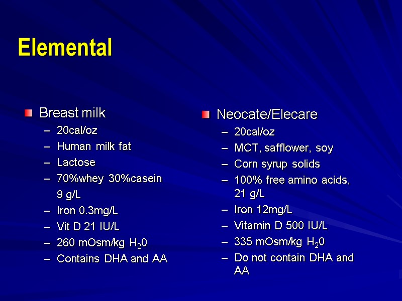 Elemental Breast milk 20cal/oz Human milk fat Lactose 70%whey 30%casein  9 g/L Iron